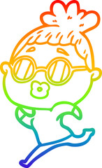 rainbow gradient line drawing of a cartoon woman running wearing sunglasses