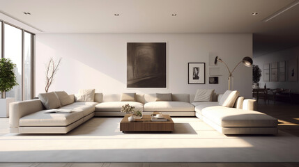 Spacious living area with clean lines, a neutral color palette, and uncluttered surfaces. Generative AI