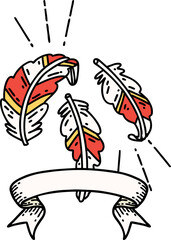 scroll banner with tattoo style feathers floating