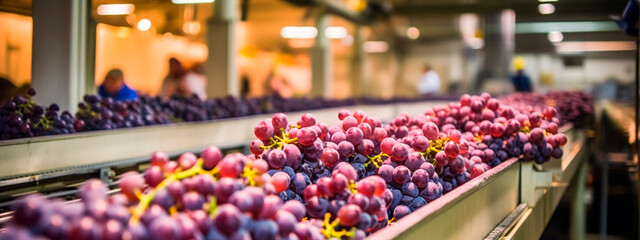 grapes, tape in the food industry, products ready for automatic packaging. Concept with automated food production. Generative AI, - obrazy, fototapety, plakaty