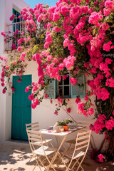 in a Greek village with blooming bougainvillea. Generative AI,