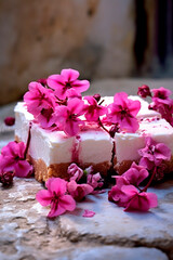 Obraz na płótnie Canvas greek dessert Close-up in a greek village with blooming bougainvillea. Generative AI,