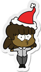 hand drawn sticker cartoon of a whistling girl wearing santa hat