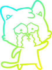 cold gradient line drawing of a crying cartoon cat