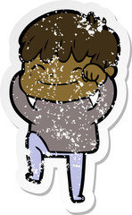 distressed sticker of a cartoon happy boy