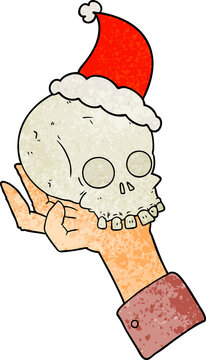 recommend clip art: hand drawn textured cartoon of a hand holding skull wearing santa hat