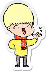 distressed sticker of a happy cartoon boy