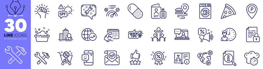 Cooking timer, Education idea and Launder money line icons pack. Spanner, Inspect, Spf protection web icon. Confirmed mail, Shopping cart, Smile pictogram. Video conference. Vector