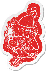 quirky cartoon distressed sticker of a woman wearing santa hat
