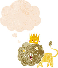 cartoon lion with crown with thought bubble in grunge distressed retro textured style