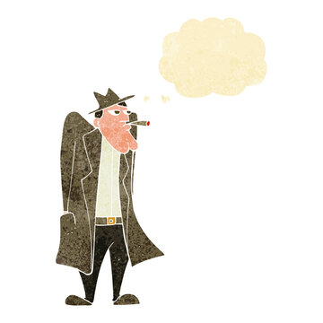 recommend clip art: cartoon man in hat and trench coat with thought bubble