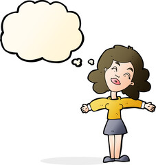 cartoon woman with open arms with thought bubble