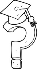 freehand drawn black and white cartoon graduation cap on question mark