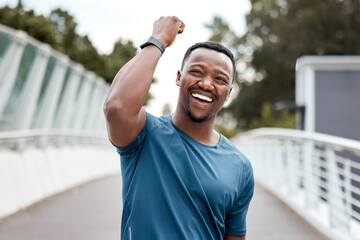 Success, running and portrait of black man in city for winner, freedom and celebration. Fitness, workout and exercise with male runner training in outdoors for achievement, health and cardio
