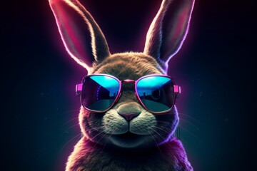 Cool baby young DJ rabbit in sunglasses. Beautiful illustration picture. Generative AI