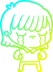 cold gradient line drawing of a cartoon woman crying
