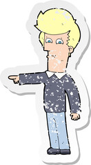 retro distressed sticker of a cartoon man pointing