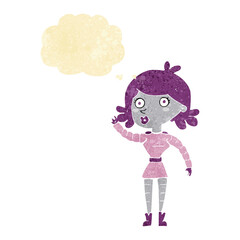 cartoon robot woman waving with thought bubble