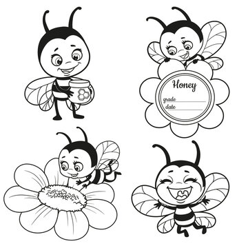 Cute cartoon bees and flower outlined for coloring page on white background