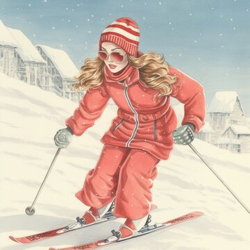 Vintage cartoon character, girl skiing in winter, postcard cute woman, travel is fun. Generative AI