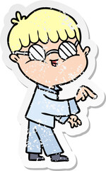 distressed sticker of a cartoon boy wearing spectacles