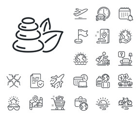 Bath resort sign. Plane jet, travel map and baggage claim outline icons. Spa stones line icon. Hotel service symbol. Spa stones line sign. Car rental, taxi transport icon. Place location. Vector