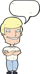 cartoon grinning man with speech bubble