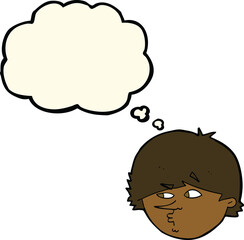 cartoon suspicious man with thought bubble