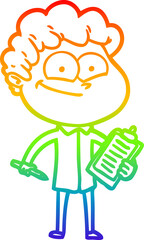 rainbow gradient line drawing of a cartoon happy man
