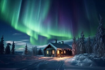 Majestic landscape. Epic northern lights in the sky above the house. Beautiful illustration picture. Generative AI