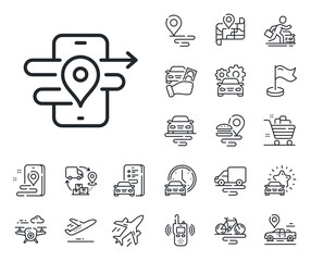 Phone navigation map sign. Plane, supply chain and place location outline icons. GPS line icon. Journey road symbol. Gps line sign. Taxi transport, rent a bike icon. Travel map. Delivery truck. Vector