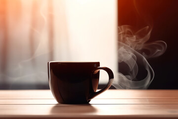 a cup of hot aroma coffee with the rays of the sun by the window generative ai
