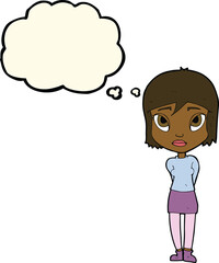 cartoon shy girl with thought bubble