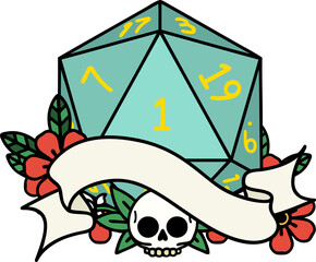Retro Tattoo Style natural one d20 dice roll