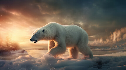 Obraz na płótnie Canvas Polar bear threatened by climate change and global warming, trying to survive on melting ice, in spectacular wildlife landscape - Generative AI