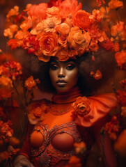 Hübsches Afroamerikanisches Model Gesicht mit Kopfschmuck orange Farbe  aus Blumen umhüllt Poster Nahaufnahme, ai generativ