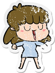 distressed sticker of a cartoon woman laughing
