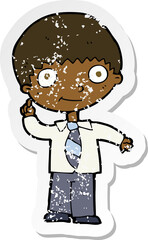 retro distressed sticker of a cartoon school boy with idea