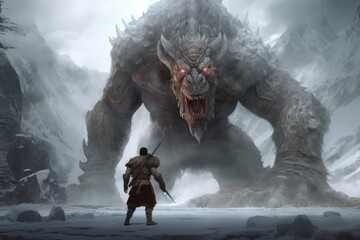 Warrior is standing against huge monster. Beautiful illustration picture. Generative AI