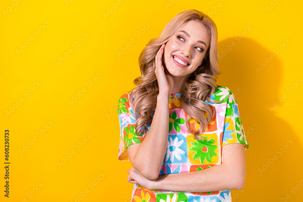 Sticker Photo of cute lady touch hand soft cheek skin decide idea solution look empty space wear shirt isolated yellow color background