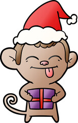 funny hand drawn gradient cartoon of a monkey with christmas present wearing santa hat