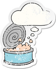 cartoon canned fish with thought bubble as a distressed worn sticker