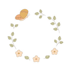 Groovy circle frame in retro colors. Boho, hippie border with butterfly, leaves and flowers. Vector, png on transparent background