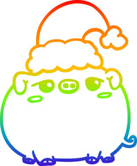 rainbow gradient line drawing of a cartoon pig wearing christmas hat