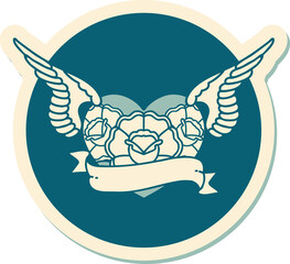 sticker of tattoo in traditional style of a flying heart with flowers and banner