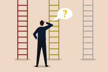 Illustration of a businessman being confused about choosing the ladder of success. Illustration of successful businessman.