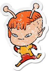 distressed sticker of a cute cartoon alien girl