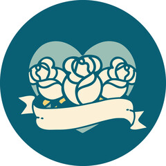 iconic tattoo style image of a heart and banner with flowers