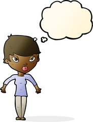 cartoon woman shrugging shoulders with thought bubble