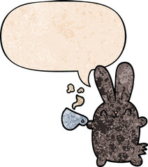 cute cartoon rabbit with coffee cup with speech bubble in retro texture style